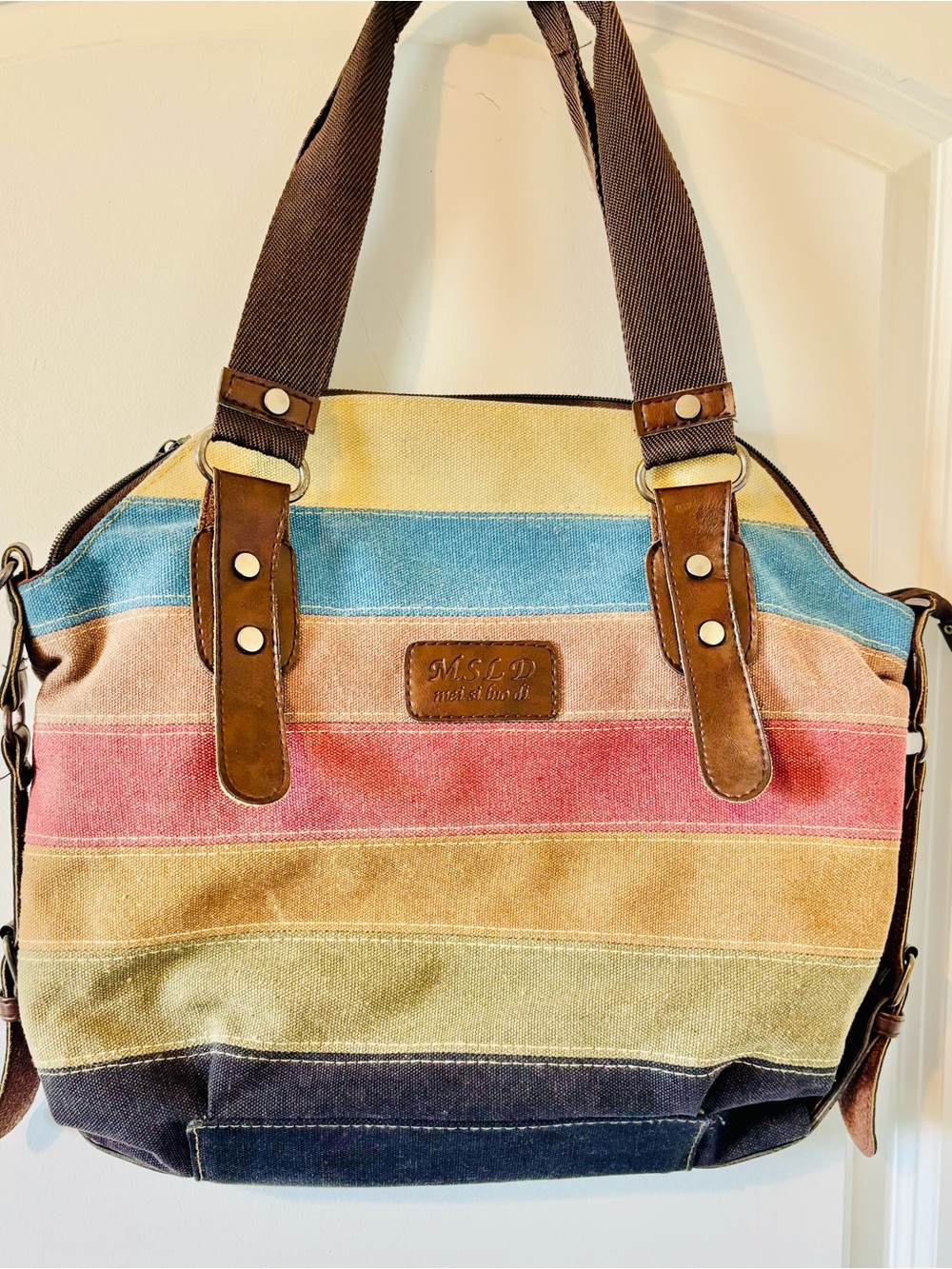 MSLD New York Co. Striped Canvas Shoulder Bag Multi-Color Faux Leather Trim